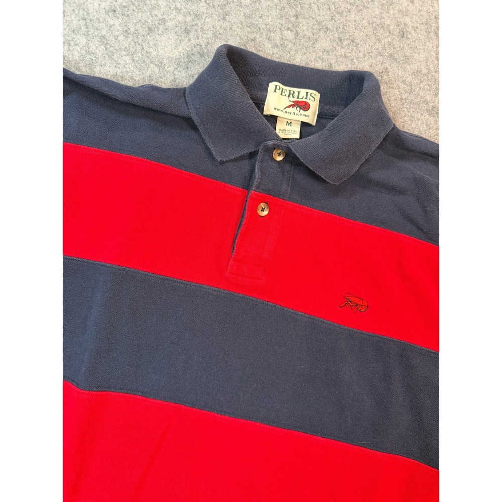 Vintage Perlis New Orleans Polo Shirt Mens Medium Navy Red Striped Crawfish Logo